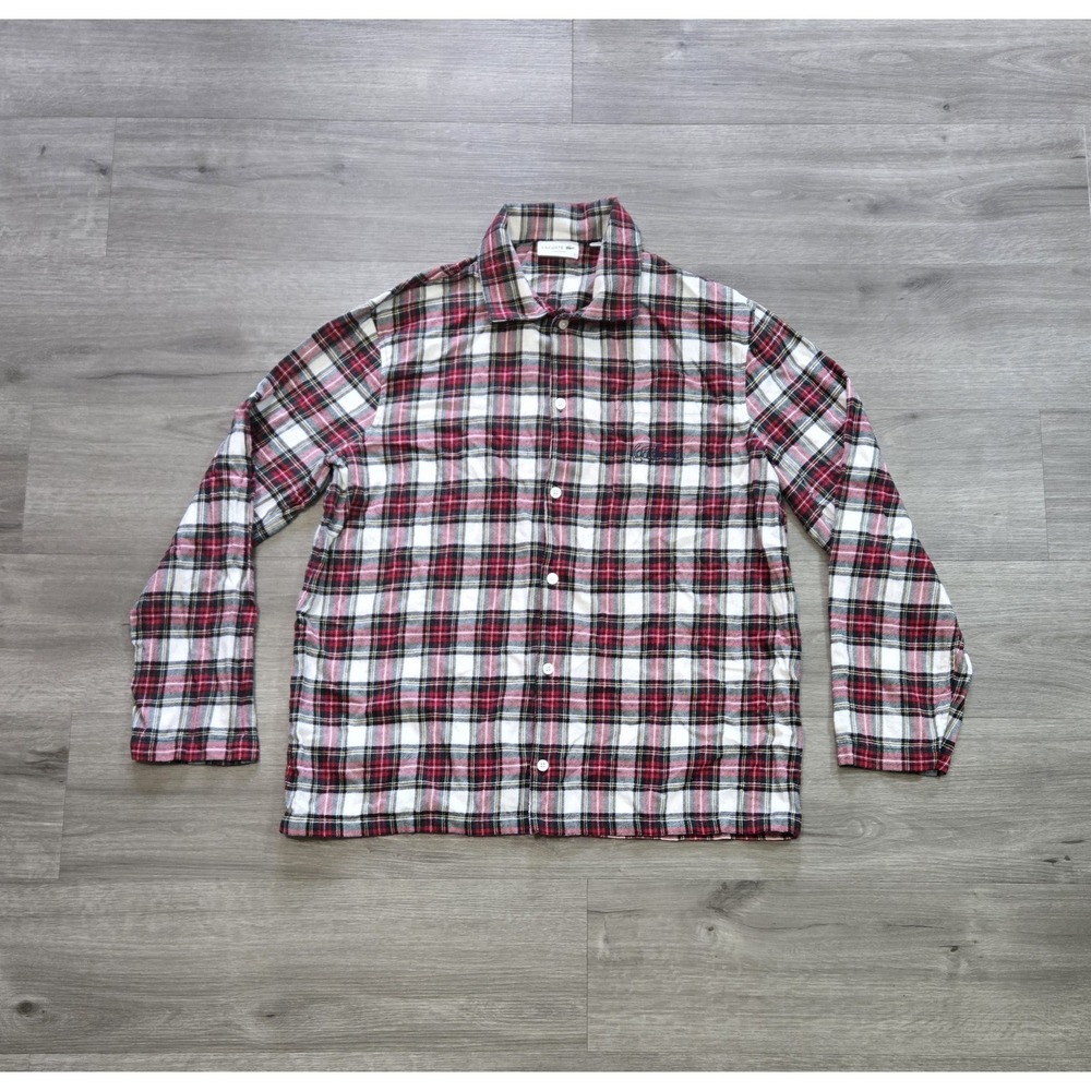 Lacoste Mens Plaid Pajama Shirt Red Green Cotton Sleepwear Top Size Large